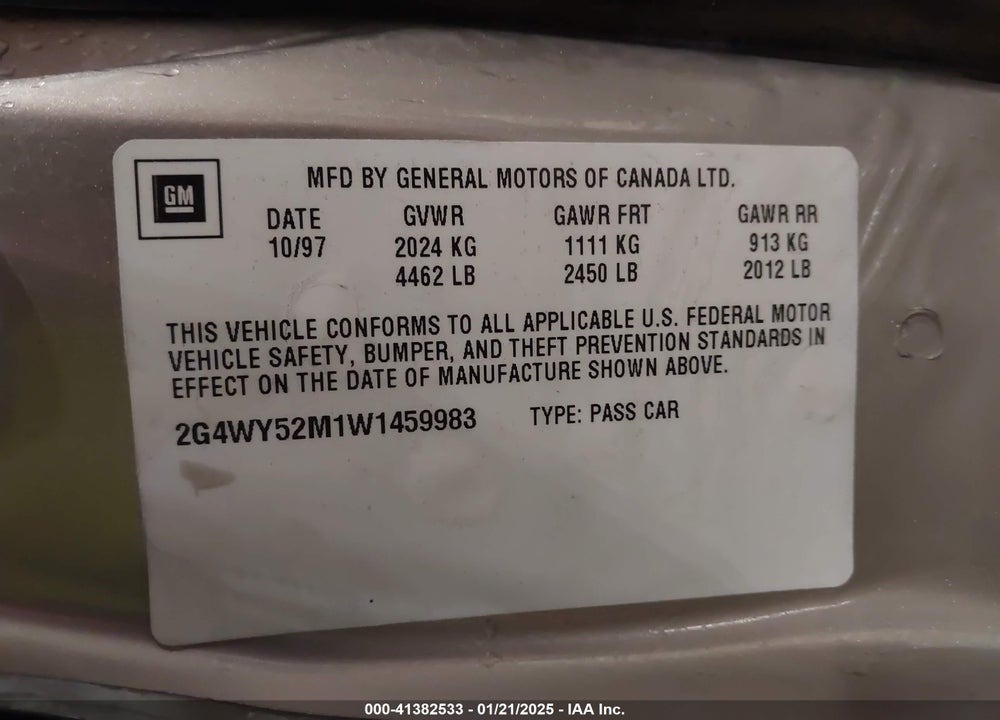 1998 BUICK CENTURY LIMITED VIN: 2G4WY52M1W1459983