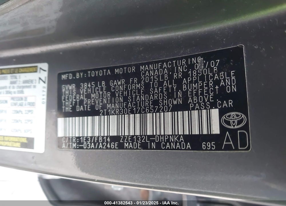 2007 TOYOTA MATRIX/XR VIN: 2T1KR30E17C657207
