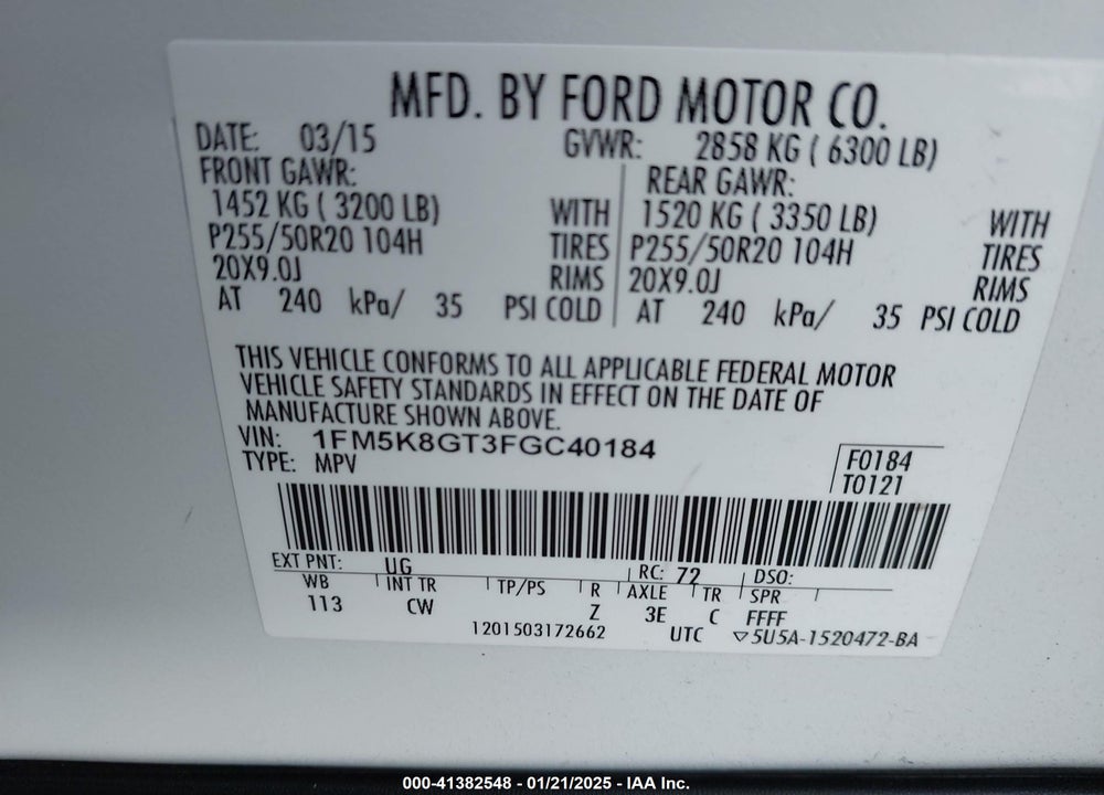 2015 FORD EXPLORER SPORT VIN: 1FM5K8GT3FGC40184