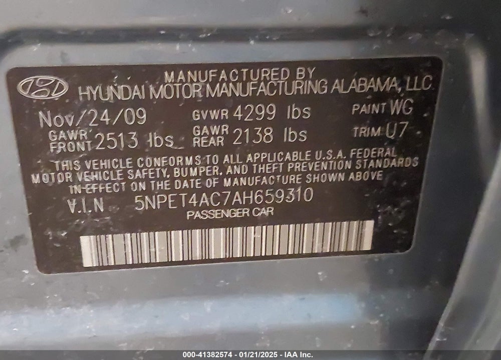 2010 HYUNDAI SONATA GLS VIN: 5NPET4AC7AH659310