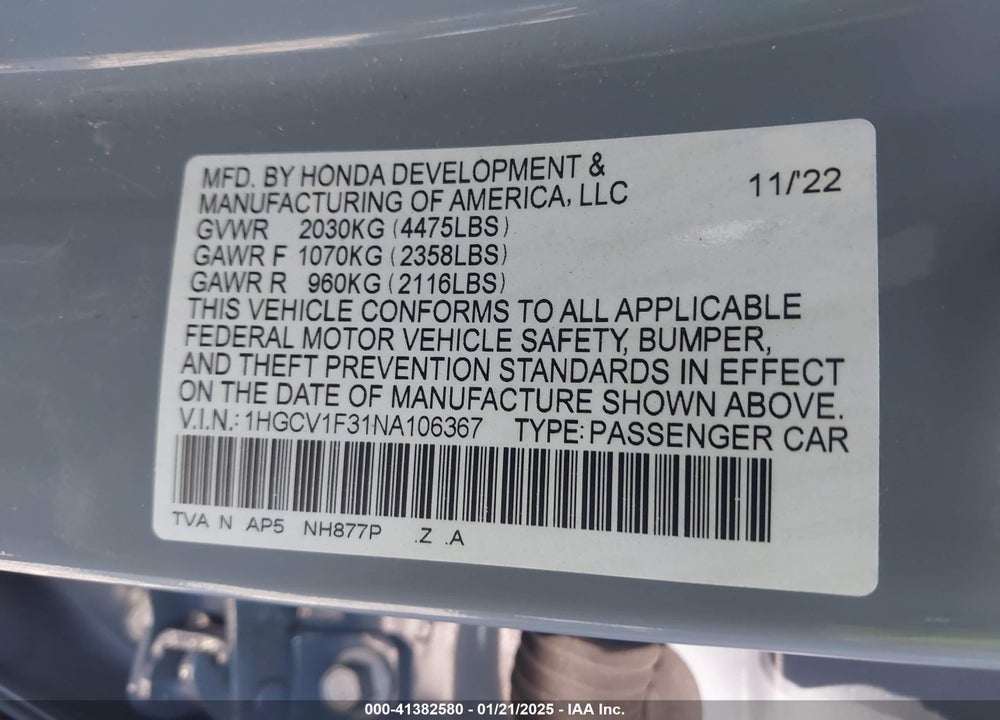 2022 HONDA ACCORD VIN: 1HGCV1F31NA106367