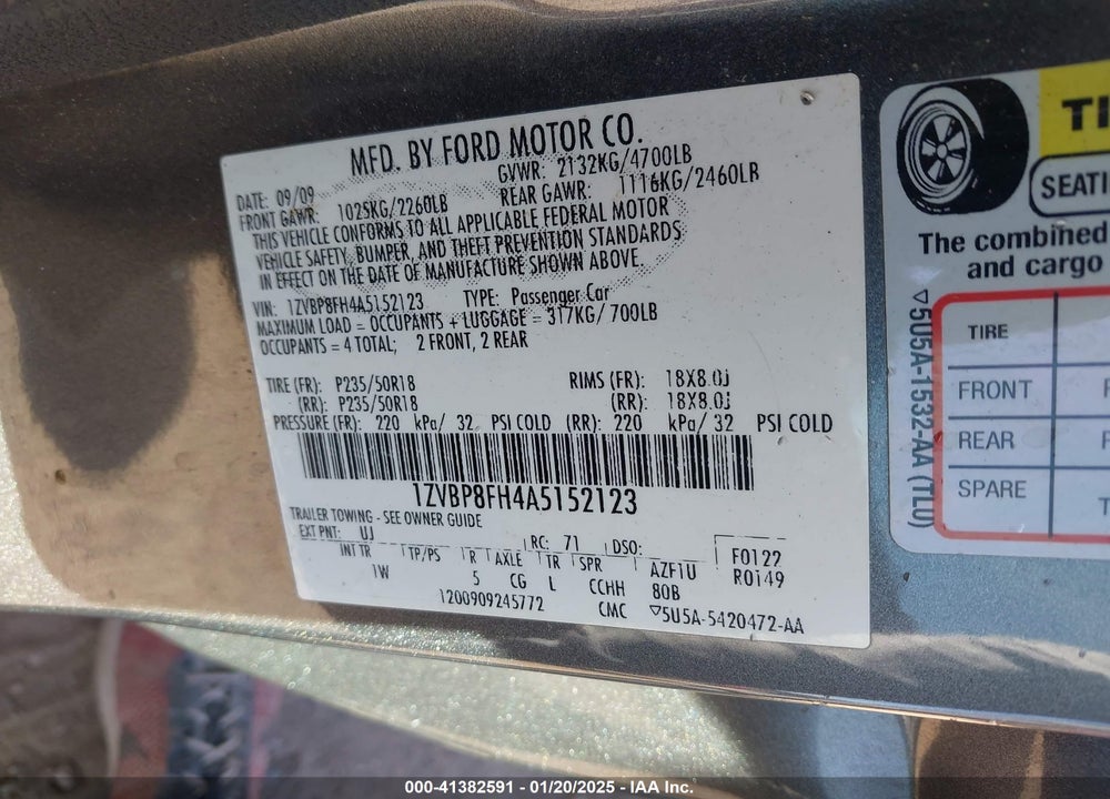 2010 FORD MUSTANG GT/GT PREMIUM VIN: 1ZVBP8FH4A5152123