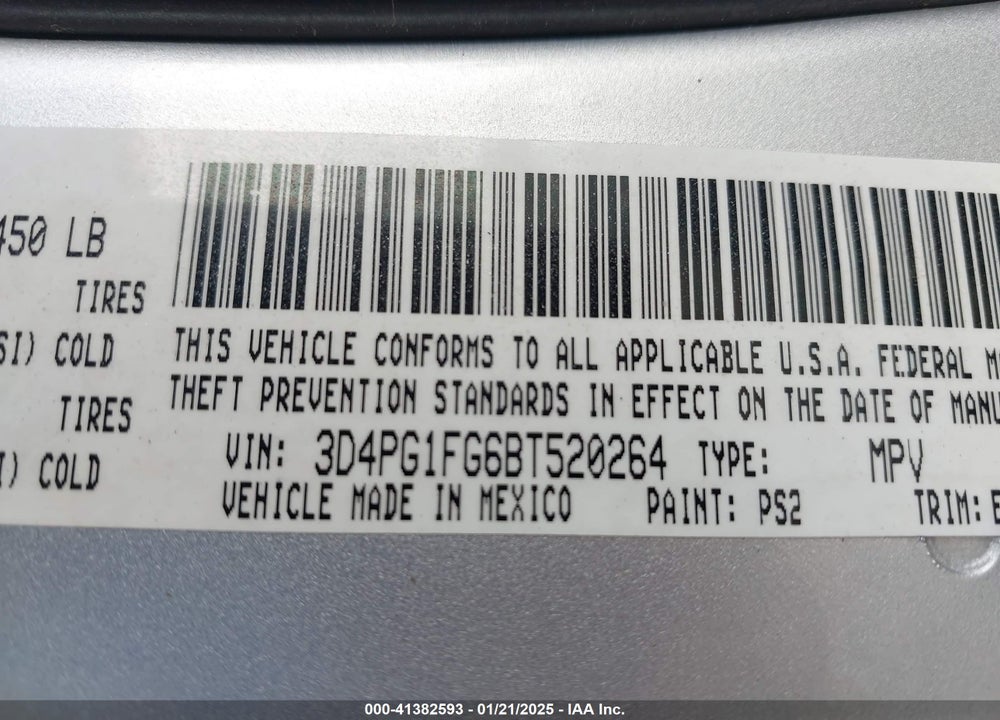 2011 DODGE JOURNEY MAINSTREET VIN: 3D4PG1FG6BT520264
