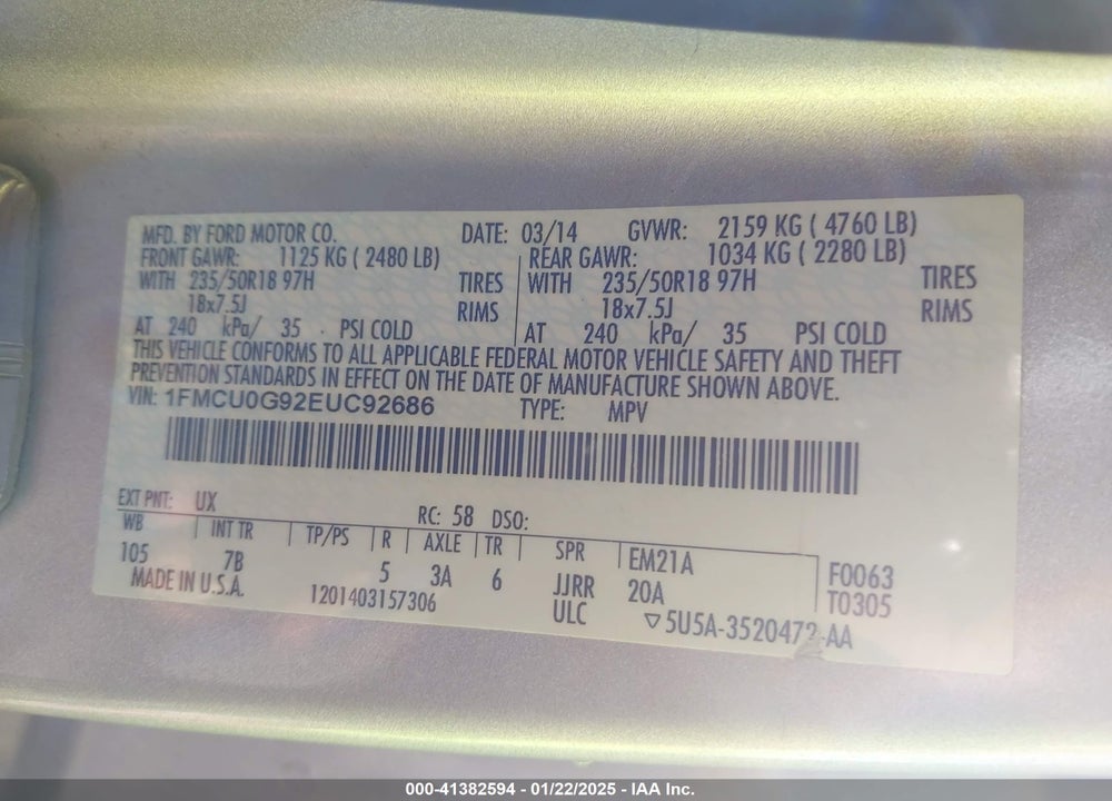 2014 FORD ESCAPE SE VIN: 1FMCU0G92EUC92686
