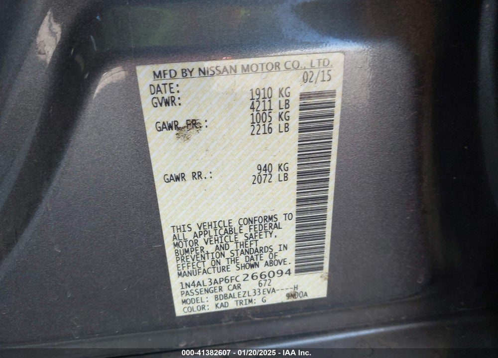2015 NISSAN ALTIMA VIN: 1N4AL3AP6FC266094