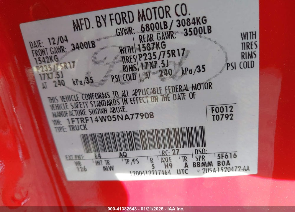 2005 FORD F-150 STX/XL/XLT VIN: 1FTRF14W05NA77908