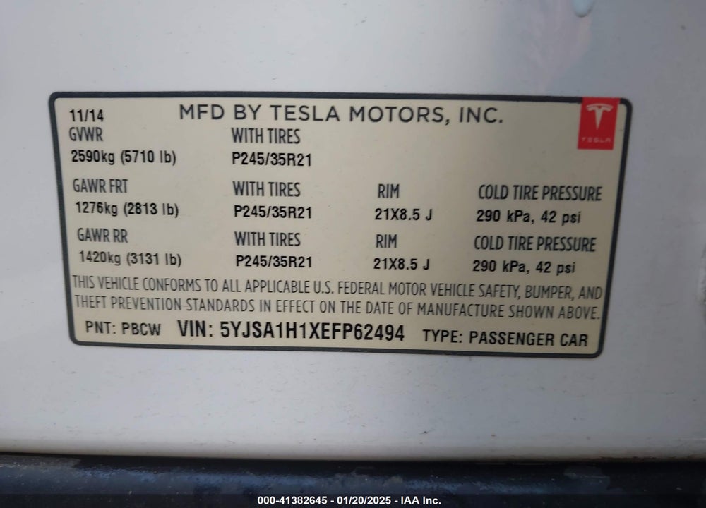 2014 TESLA MODEL S VIN: 5YJSA1H1XEFP62494