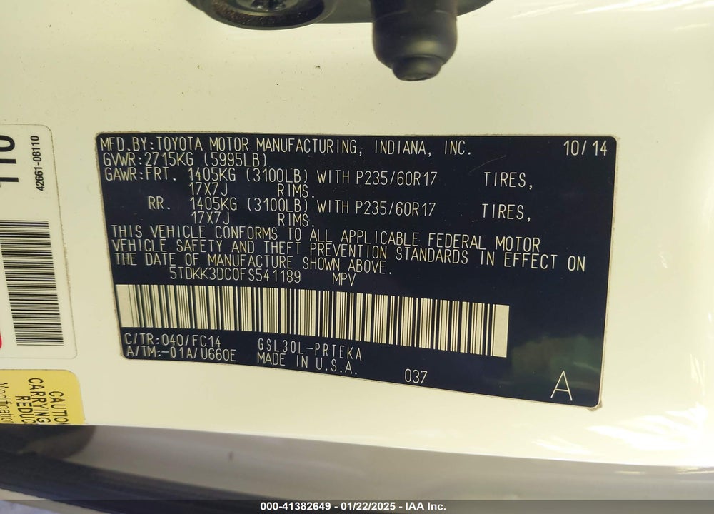 2015 TOYOTA SIENNA LE 8 PASSENGER VIN: 5TDKK3DC0FS541189
