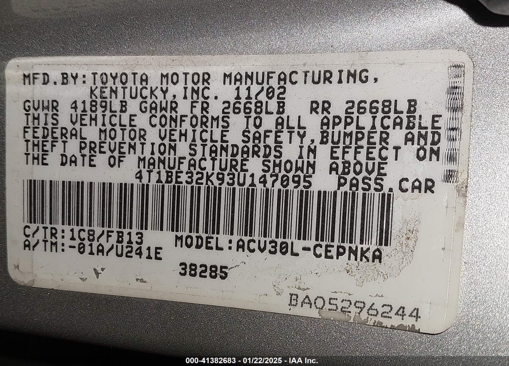 2003 TOYOTA CAMRY LE VIN: 4T1BE32K93U147095
