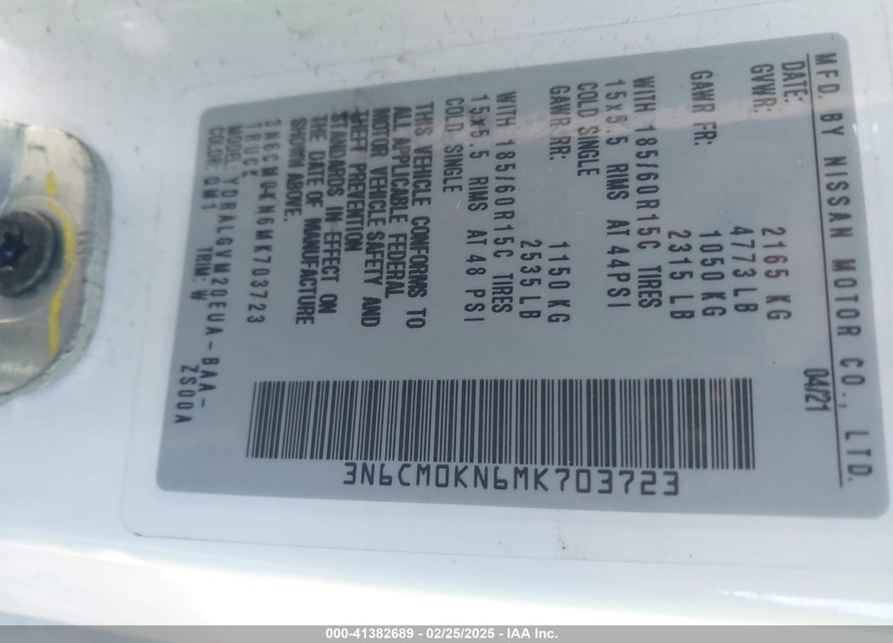 2021 NISSAN NV200  CARGO SV XTRONIC CVT VIN: 3N6CM0KN6MK703723