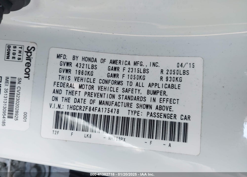2015 HONDA ACCORD VIN: 1HGCR2F84FA175478