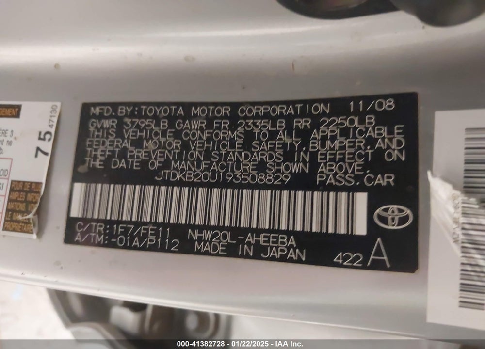 2009 TOYOTA PRIUS VIN: JTDKB20U193508829