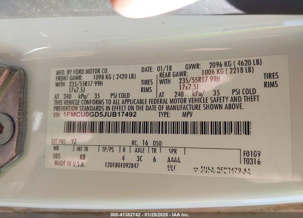 2018 FORD ESCAPE VIN: 1FMCU0GD5JUB17492