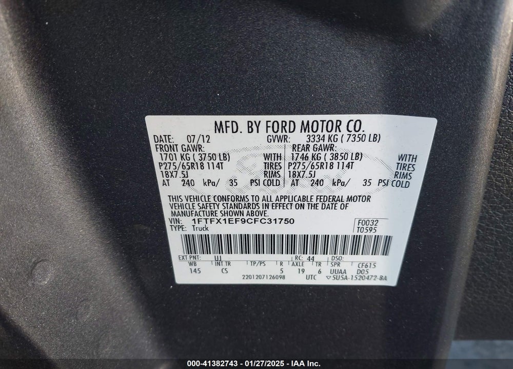 2012 FORD F-150 VIN: 1FTFX1EF9CFC31750