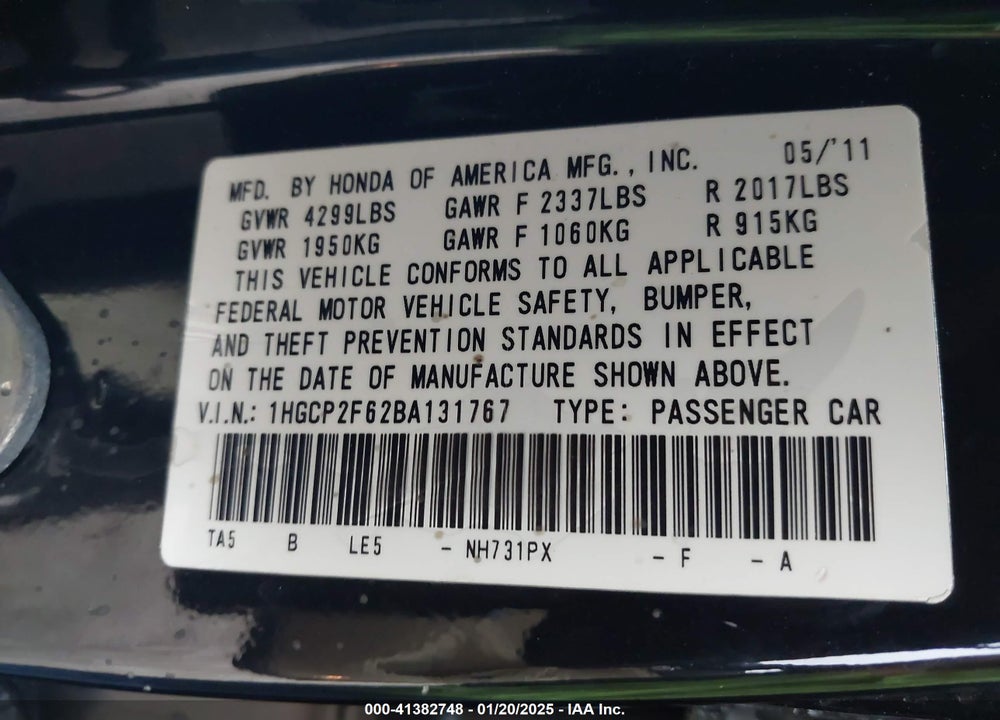 2011 HONDA ACCORD VIN: 1HGCP2F62BA131767