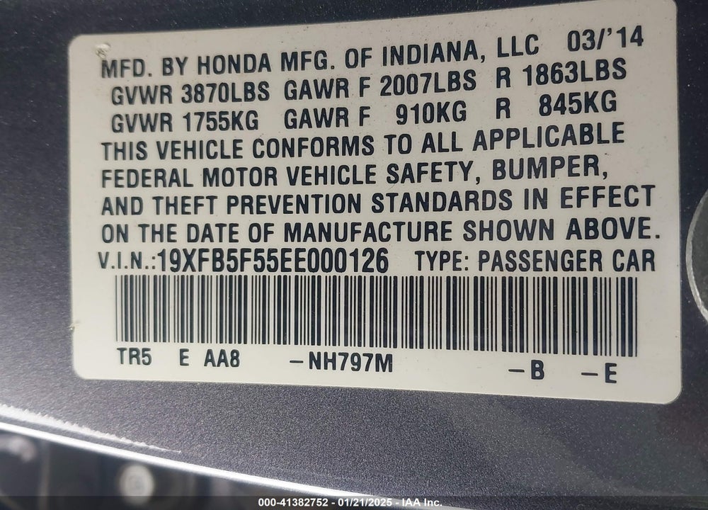 2014 HONDA CIVIC VIN: 19XFB5F55EE000126