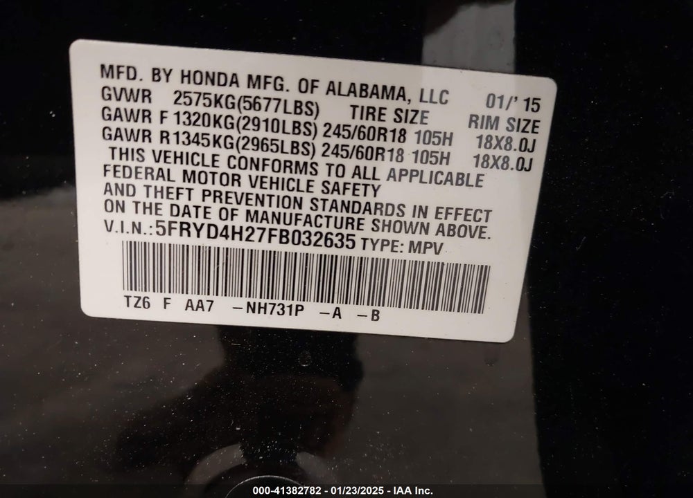 2015 ACURA MDX VIN: 5FRYD4H27FB032635