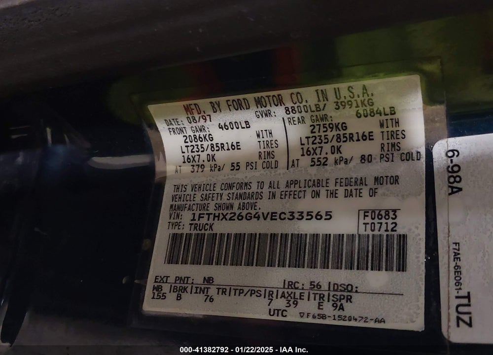1997 FORD F-250 XL VIN: 1FTHX26G4VEC33565