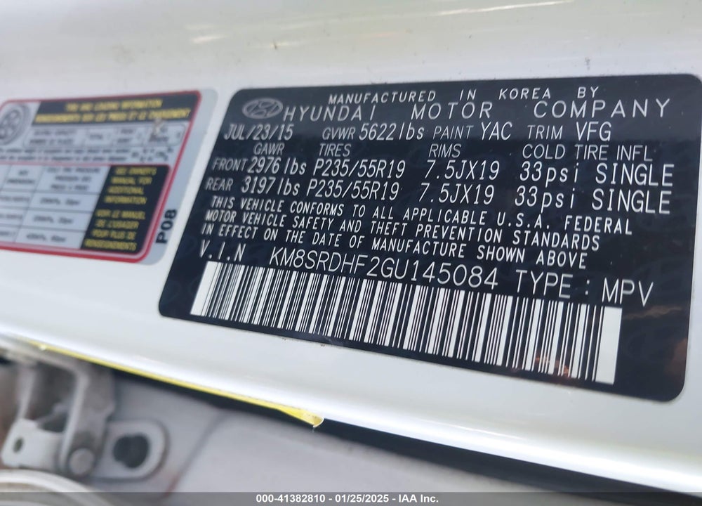 2016 HYUNDAI SANTA FE VIN: KM8SRDHF2GU145084