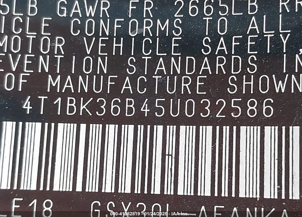 2005 TOYOTA AVALON TOURING VIN: 4T1BK36B45U032586