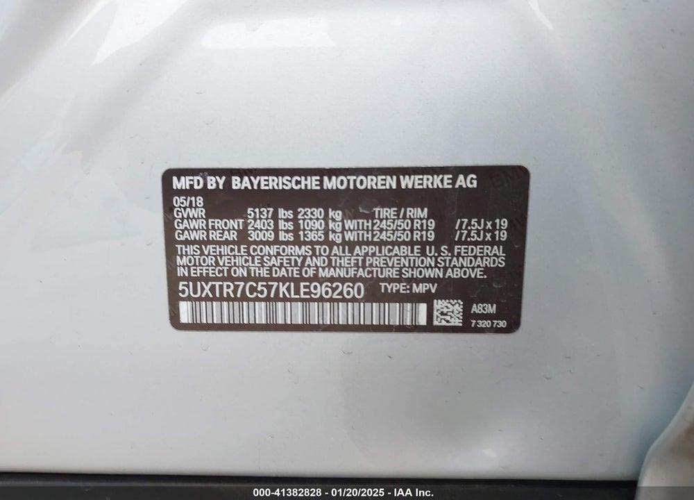 2019 BMW X3 SDRIVE30I VIN: 5UXTR7C57KLE96260