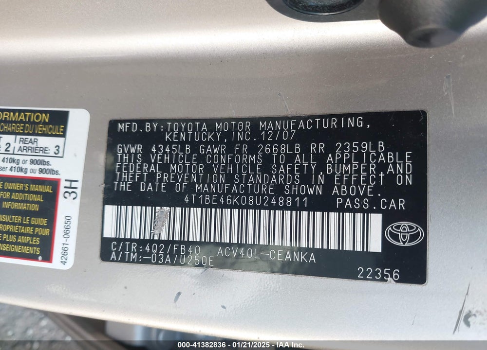 2008 TOYOTA CAMRY LE VIN: 4T1BE46K08U248811