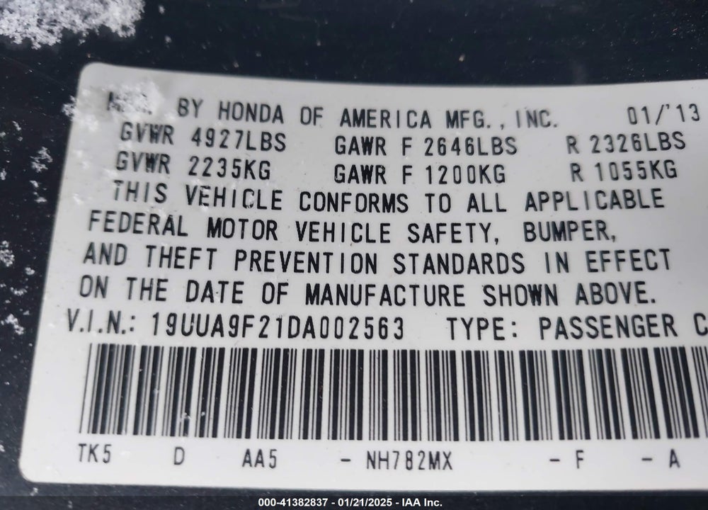2013 ACURA TL VIN: 19UUA9F21DA002563