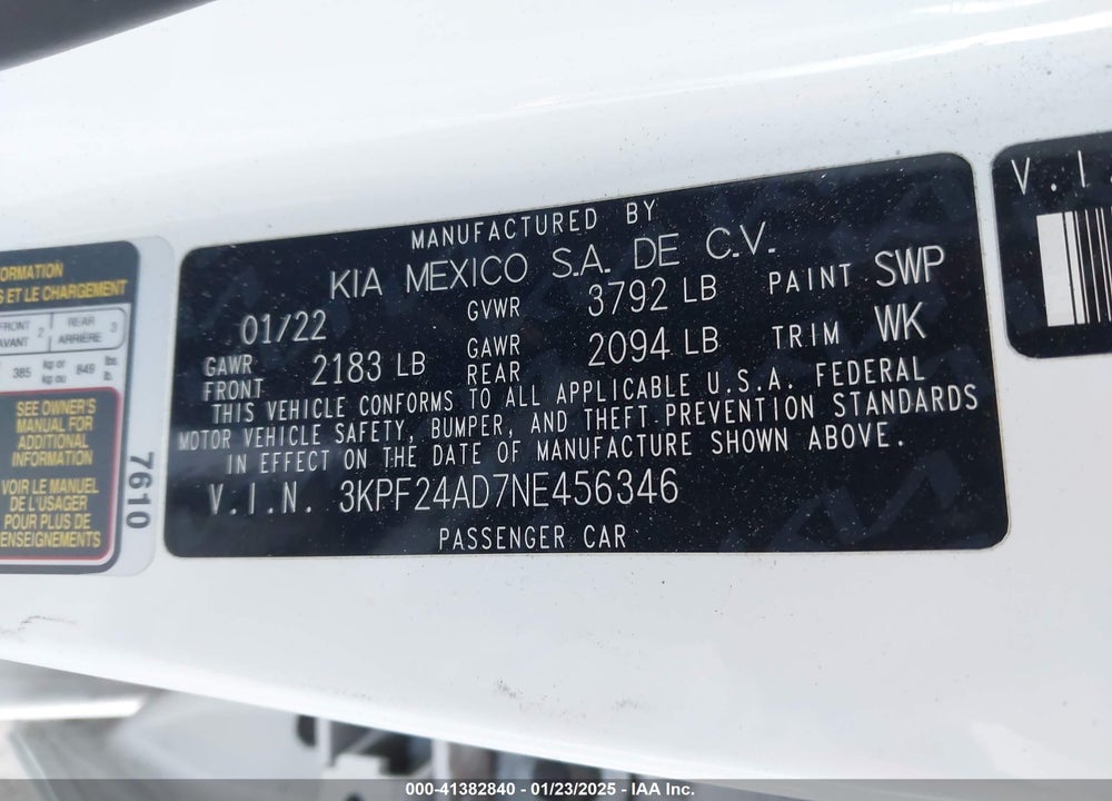 2022 KIA FORTE VIN: 3KPF24AD7NE456346