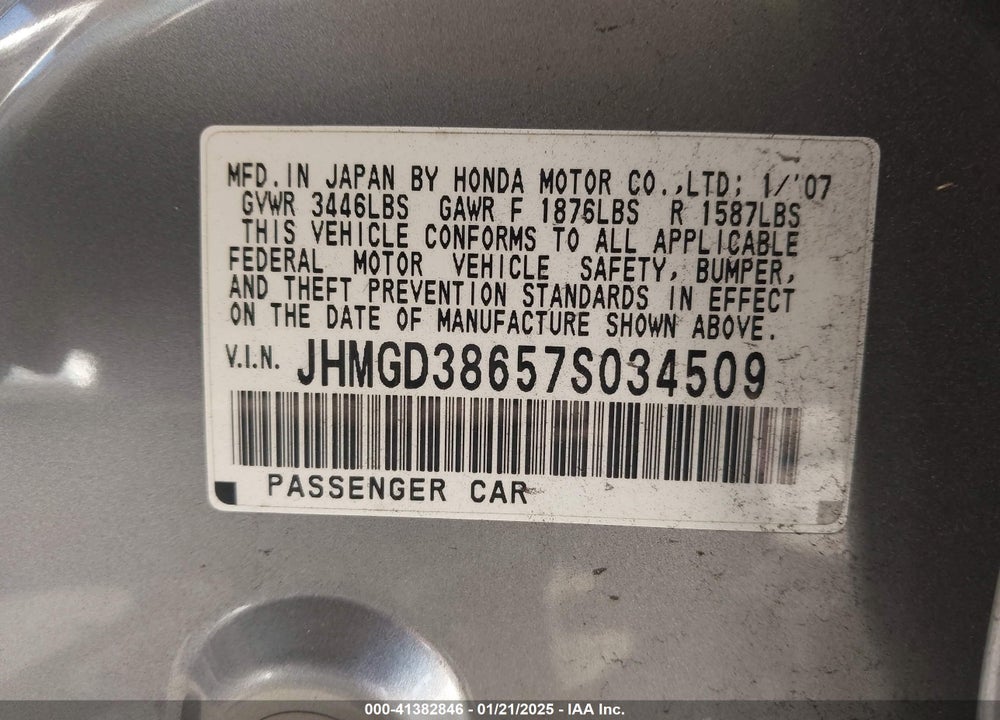 2007 HONDA FIT VIN: JHMGD38657S034509