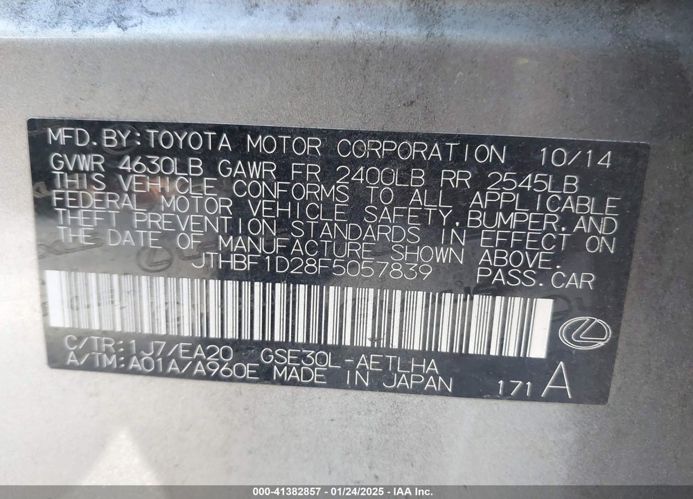 2015 LEXUS IS 250 VIN: JTHBF1D28F5057839