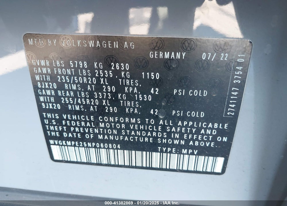 2022 VOLKSWAGEN ID.4 PRO S VIN: WVGKMPE25NP060804