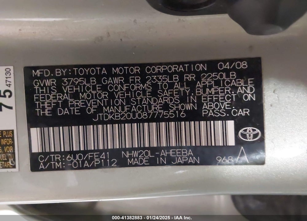2008 TOYOTA PRIUS VIN: JTDKB20U087775516