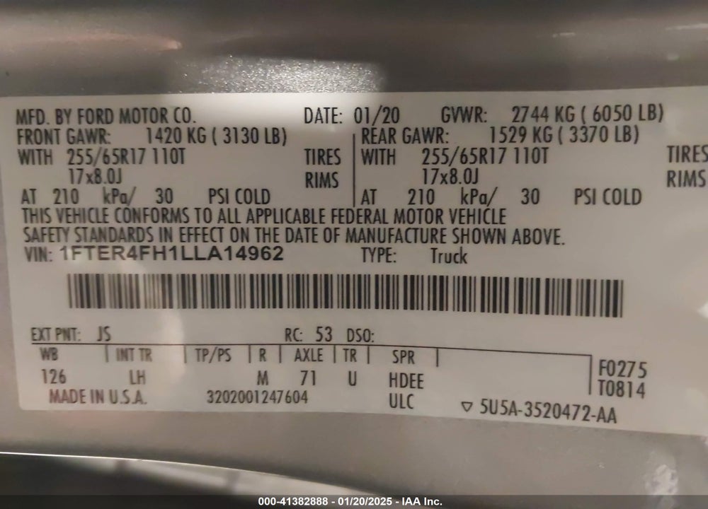 2020 FORD RANGER VIN: 1FTER4FH1LLA14962