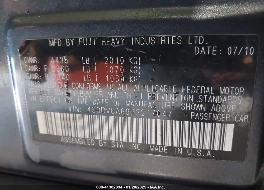 2011 SUBARU LEGACY 2.5I VIN: 4S3BMCA69B3217047