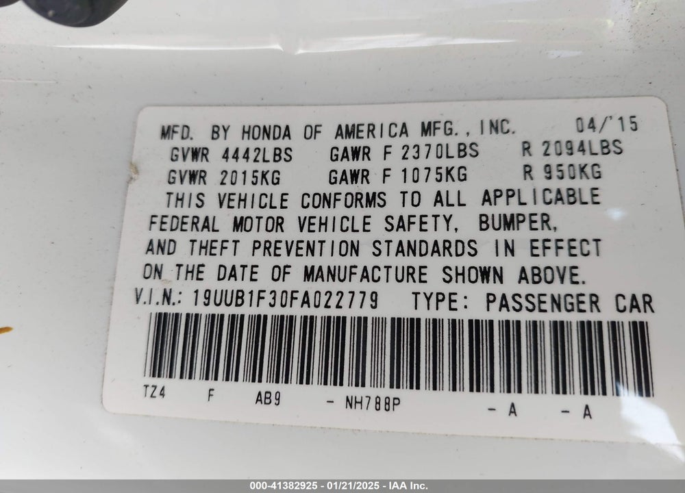 2015 ACURA TLX VIN: 19UUB1F30FA022779