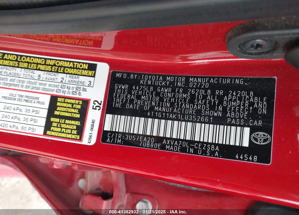 2020 TOYOTA CAMRY VIN: 4T1G11AK1LU352661