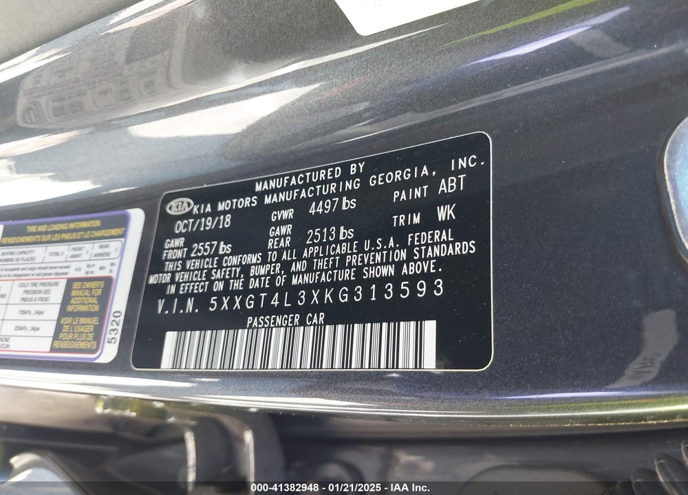 2019 KIA OPTIMA VIN: 5XXGT4L3XKG313593