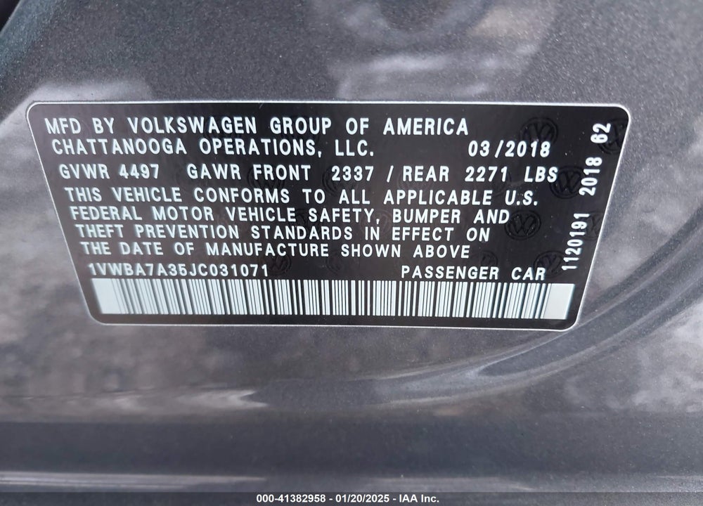 2018 VOLKSWAGEN PASSAT VIN: 1VWBA7A35JC031071