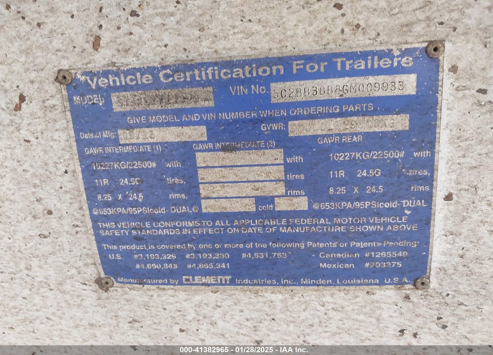 2016 CLEMENT IND DUMP TRAILER VIN: 5C2BB38B8GM009933