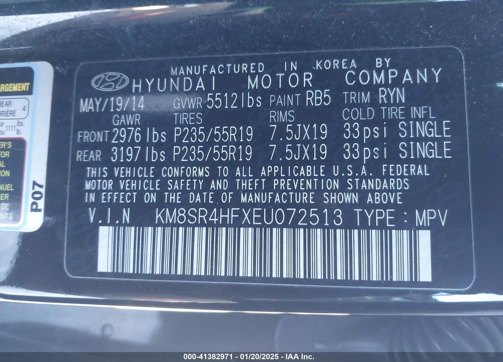 2014 HYUNDAI SANTA FE LIMITED VIN: KM8SR4HFXEU072513