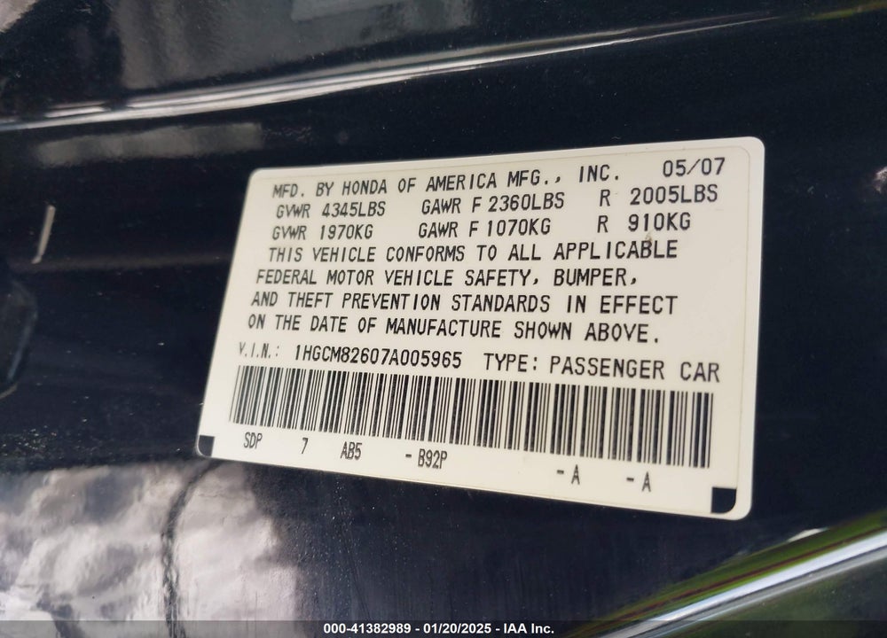2007 HONDA ACCORD 3.0 EX VIN: 1HGCM82607A005965