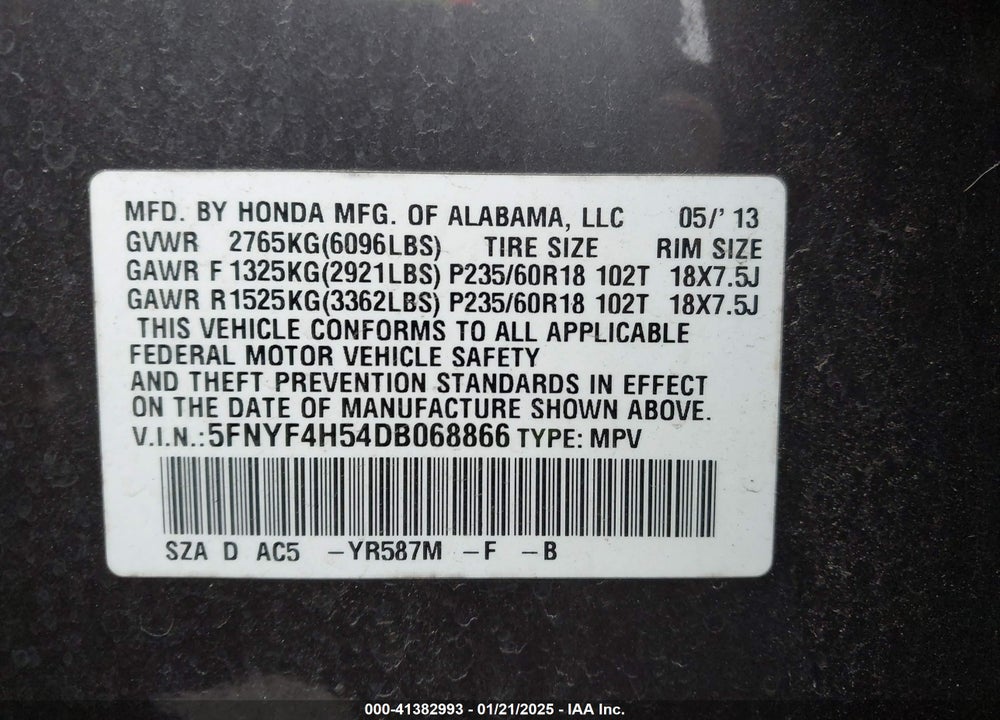 2013 HONDA PILOT VIN: 5FNYF4H54DB068866
