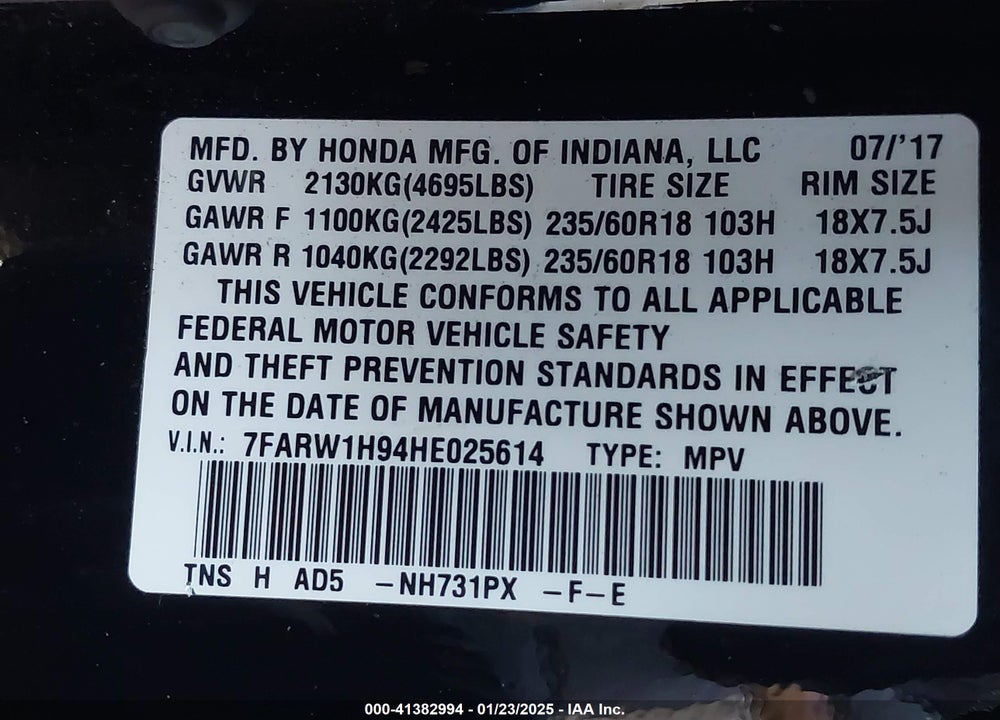 2017 HONDA CR-V TOURING VIN: 7FARW1H94HE025614