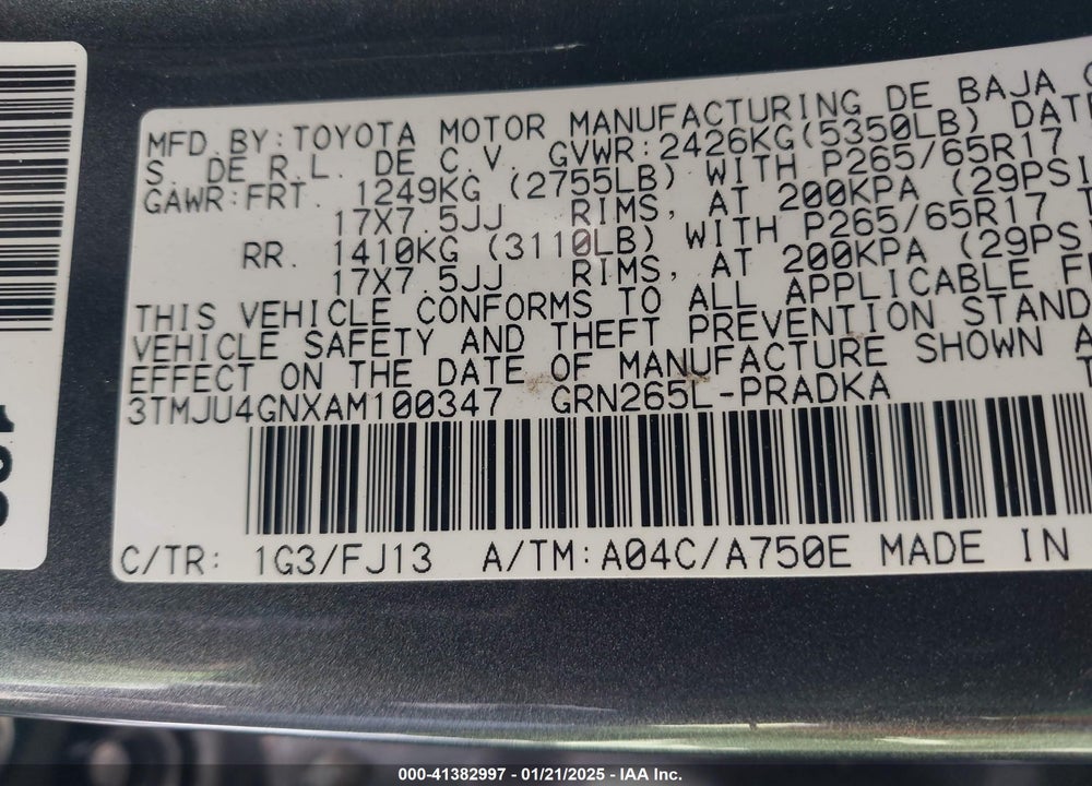 2010 TOYOTA TACOMA DOUBLE CAB PRERUNNER VIN: 3TMJU4GNXAM100347