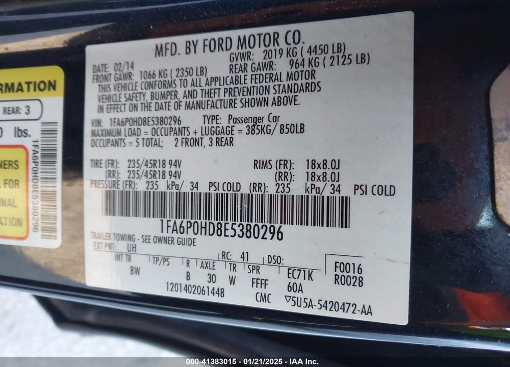 2014 FORD FUSION VIN: 1FA6P0HD8E5380296