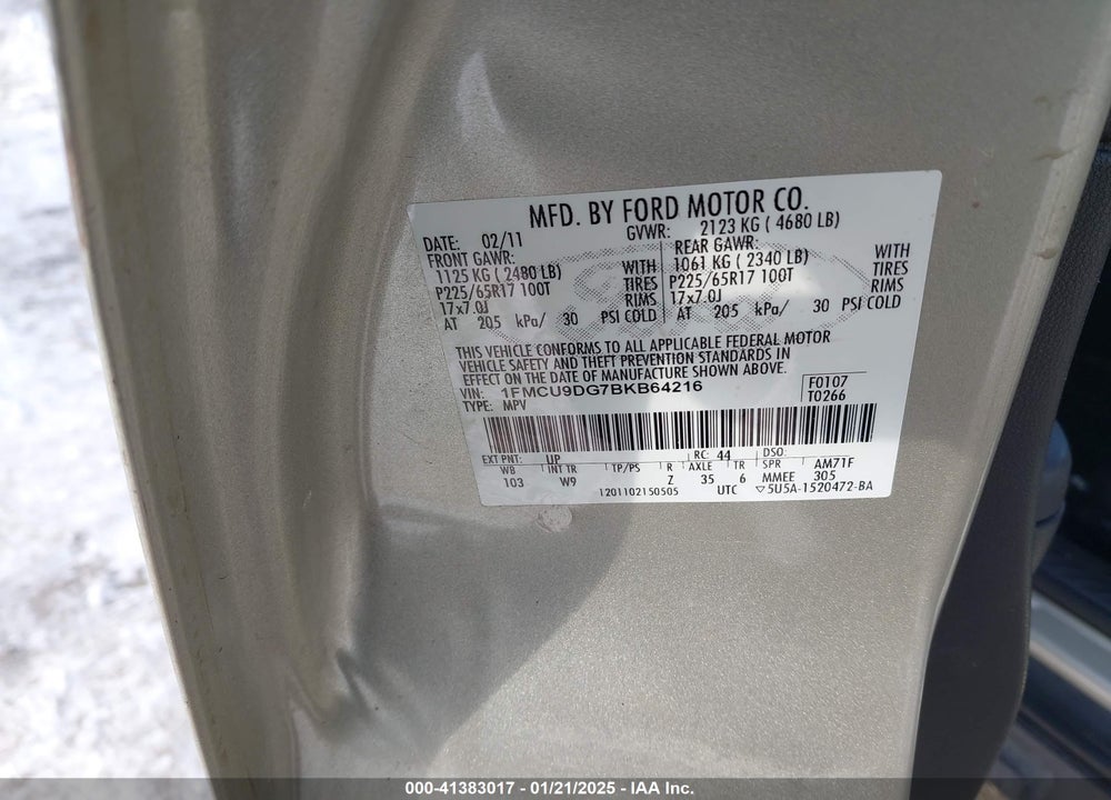 2011 FORD ESCAPE XLT VIN: 1FMCU9DG7BKB64216