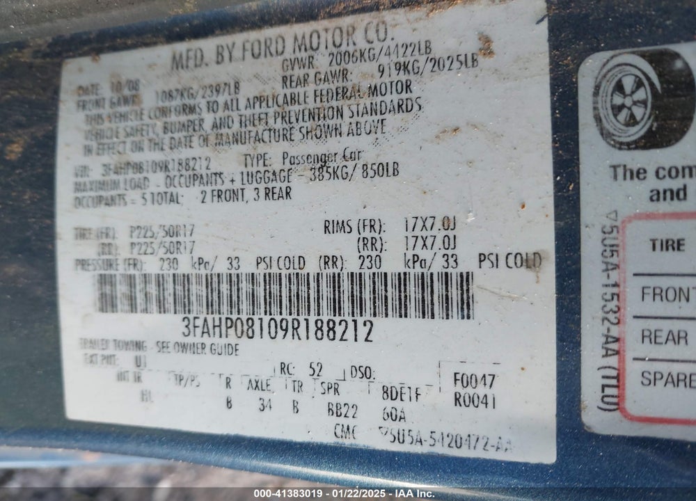 2009 FORD FUSION VIN: 3FAHP08109R188212