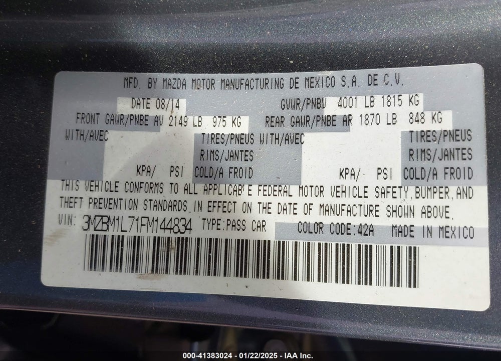 2015 MAZDA 3 I TOURING VIN: 3MZBM1L71FM144834