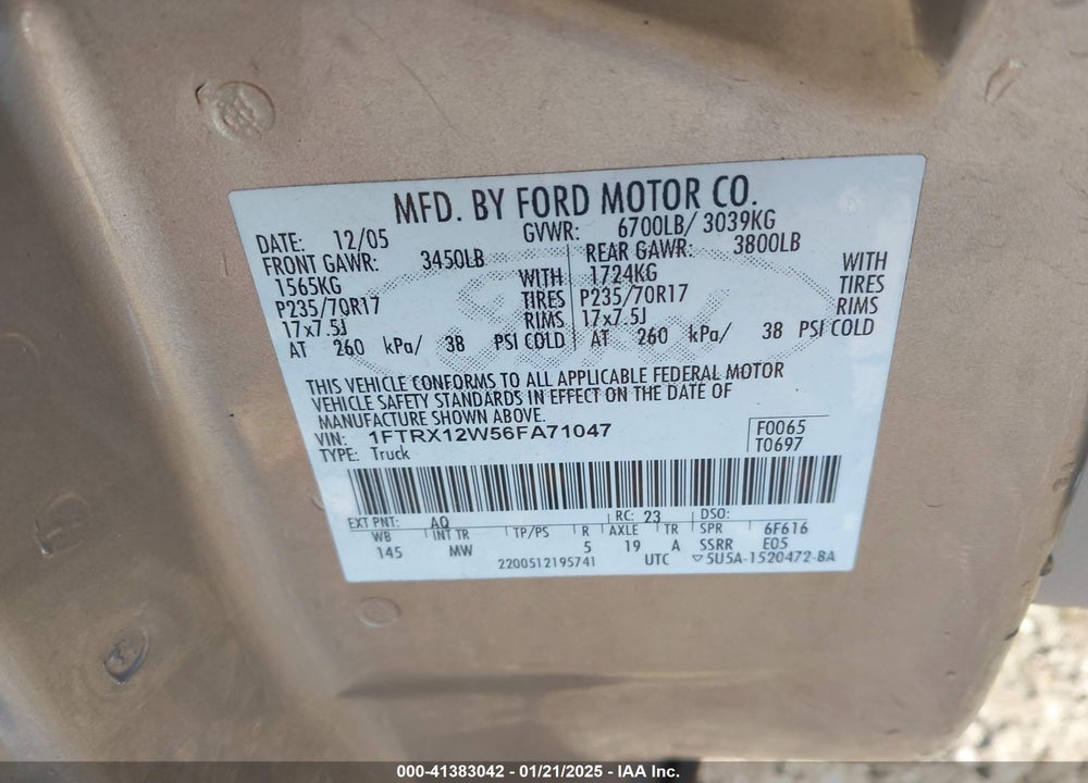 2006 FORD F-150 STX/XL/XLT VIN: 1FTRX12W56FA71047