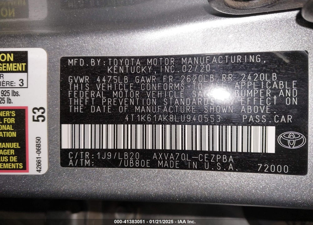2020 TOYOTA CAMRY VIN: 4T1K61AK8LU940553
